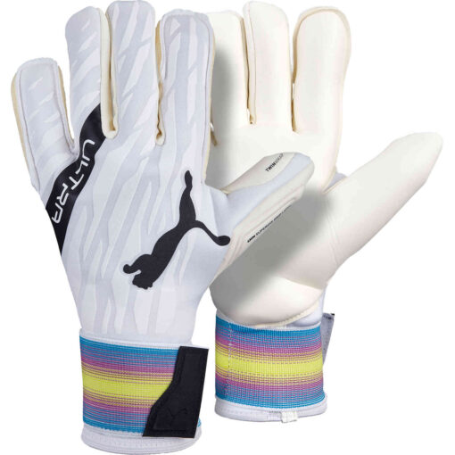 PUMA Ultra Grip 1 Hybrid Pro Goalkeeper Gloves - White, Black, Spring Break, Deep Orchard & Yellow Alert