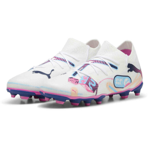 Kids Puma Future 7 Match FG - Puma White & Luminous Blue with Poison Pink with Fizzy Melon