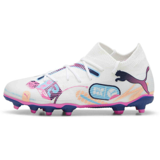 Kids Puma Future 7 Match FG - Puma White & Luminous Blue with Poison Pink with Fizzy Melon - Image 2