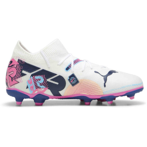 Kids Puma Future 7 Match FG - Puma White & Luminous Blue with Poison Pink with Fizzy Melon - Image 3