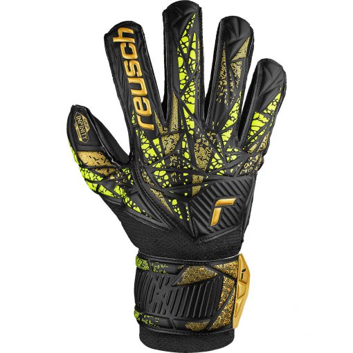 Kids Reusch Attrakt Infinity FS Goalkeeper Gloves - Black & Safety Yellow with Silver - Image 2