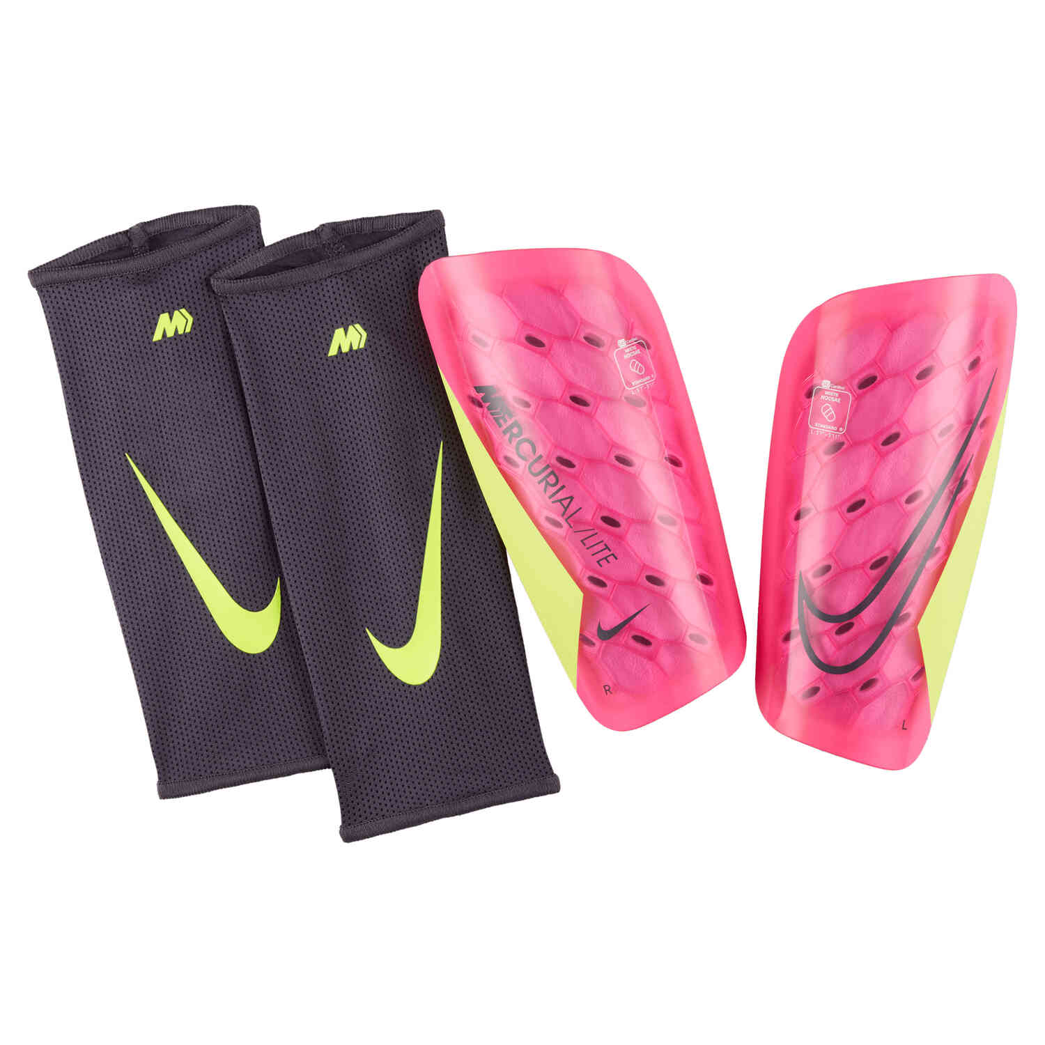Nike NOCASE Mercurial Lite Shin Guards Pink Spell Volt with Gridiron Soccer Master