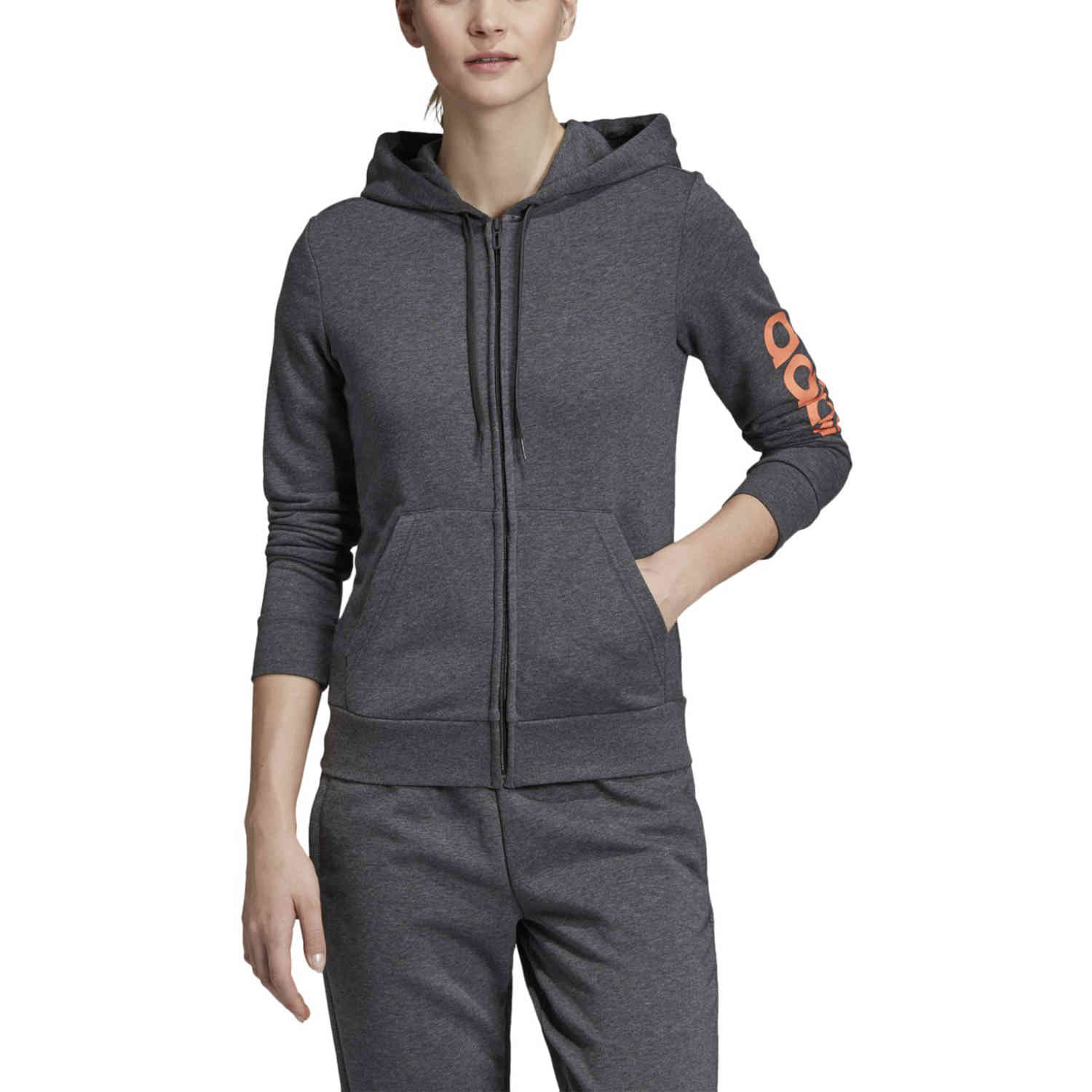 Women\'s adidas Essentials Lifestyle Full-zip Hoodie - Dark Grey Heather/Semi  Coral - Soccer Master