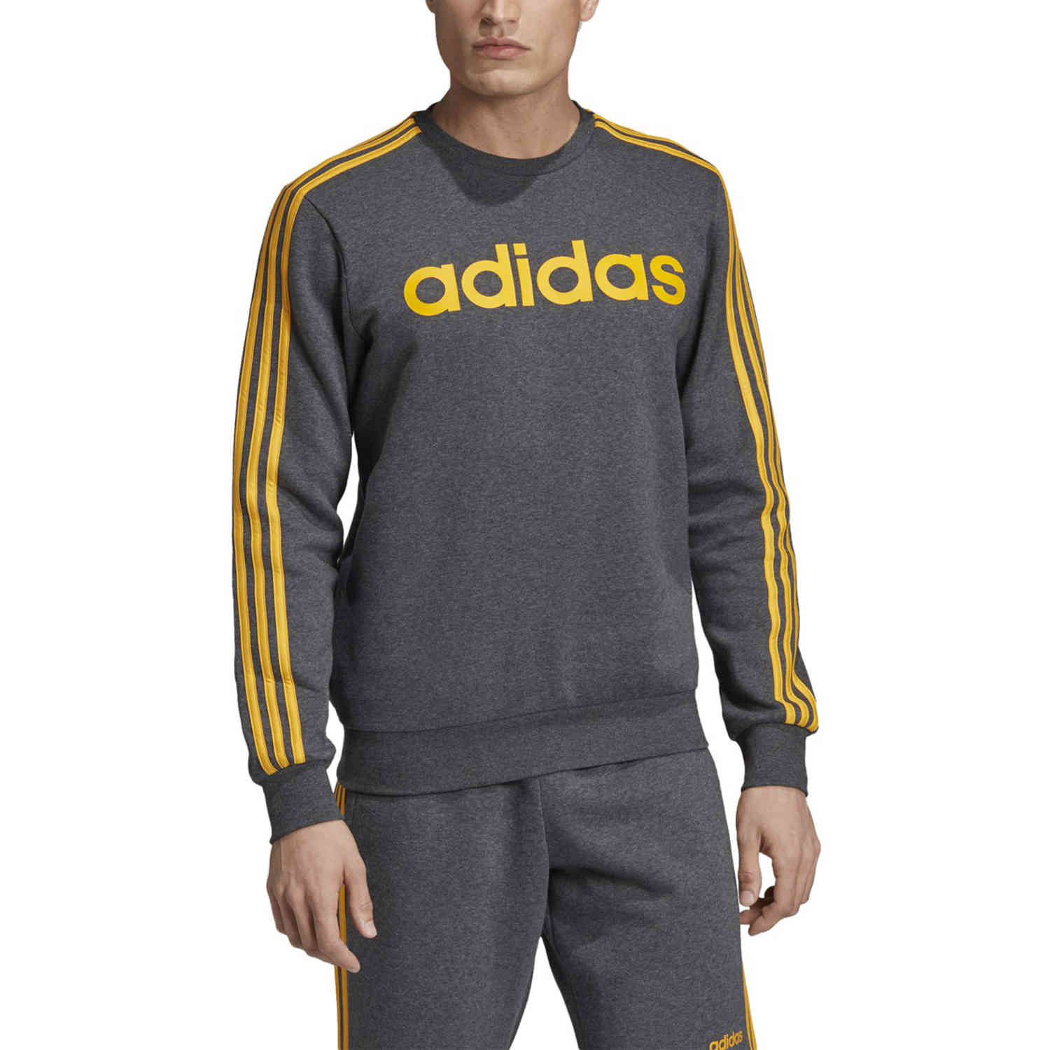 idioma medio Comiendo adidas Essentials Lifestyle 3-Stripes Fleece Crew - Dark Grey  Heather/Active Gold - Soccer Master