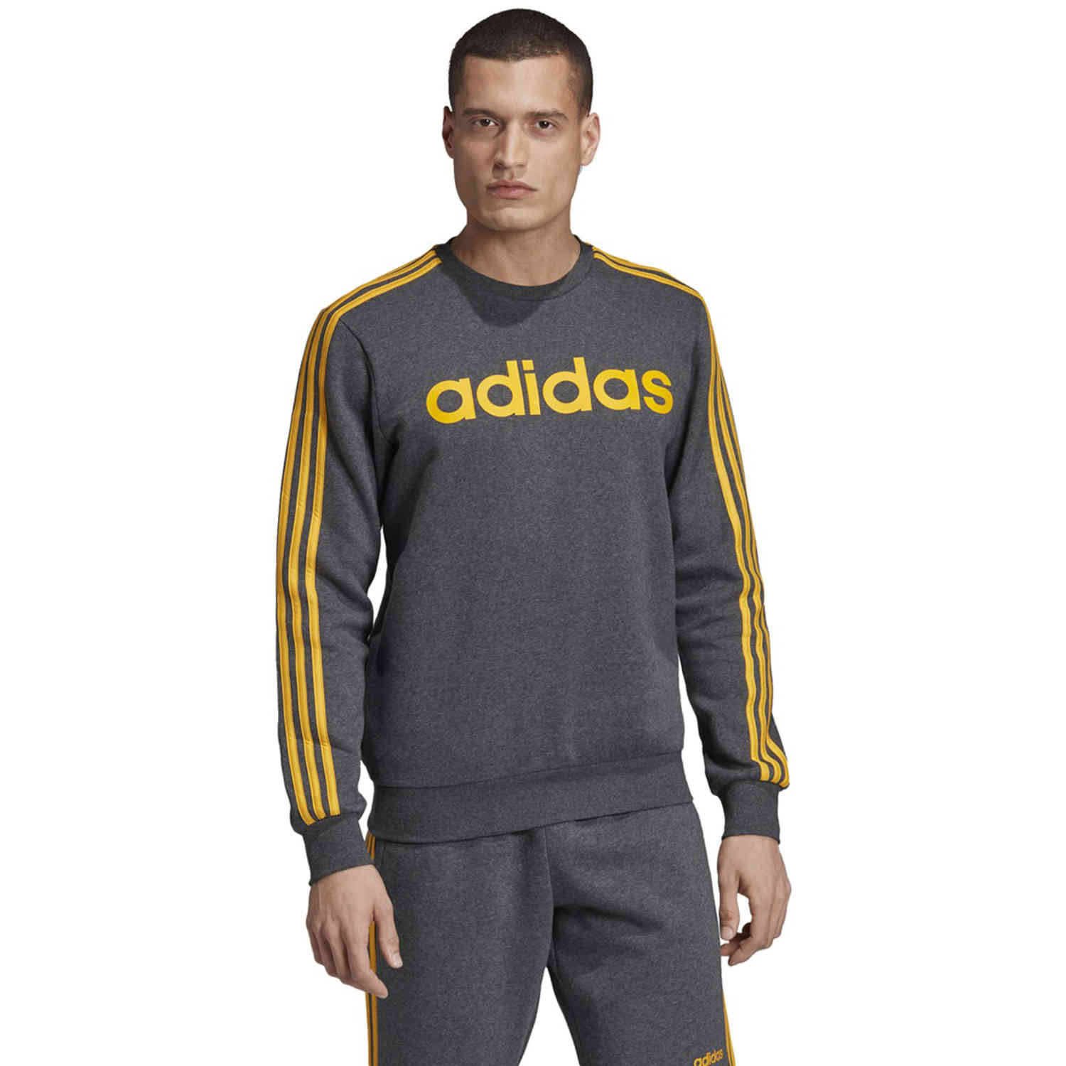 adidas Lifestyle 3-Stripes Fleece Crew - Grey Heather/Active Gold - Soccer Master