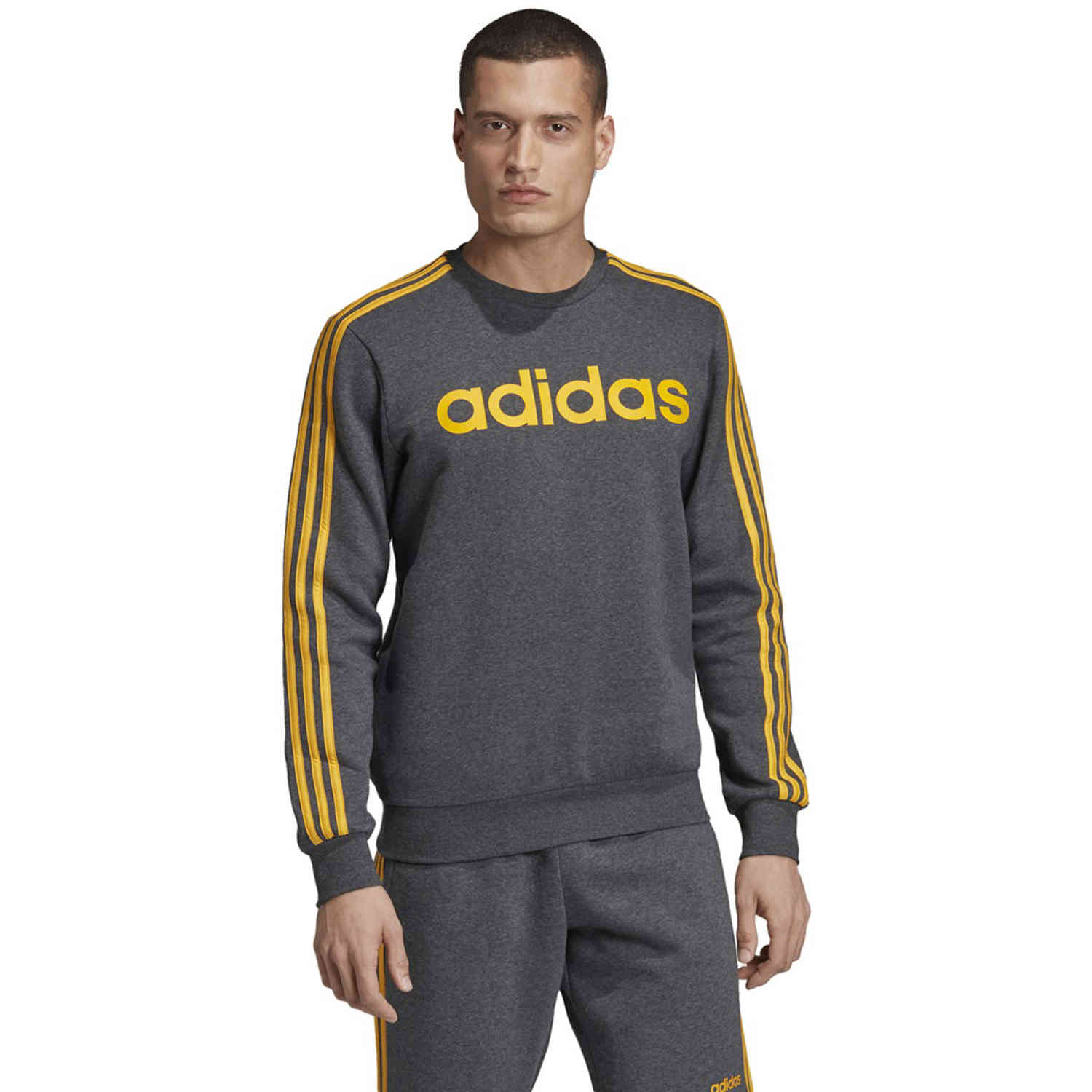 domesticar Anguila Litoral adidas Essentials Lifestyle 3-Stripes Fleece Crew - Dark Grey  Heather/Active Gold - Soccer Master