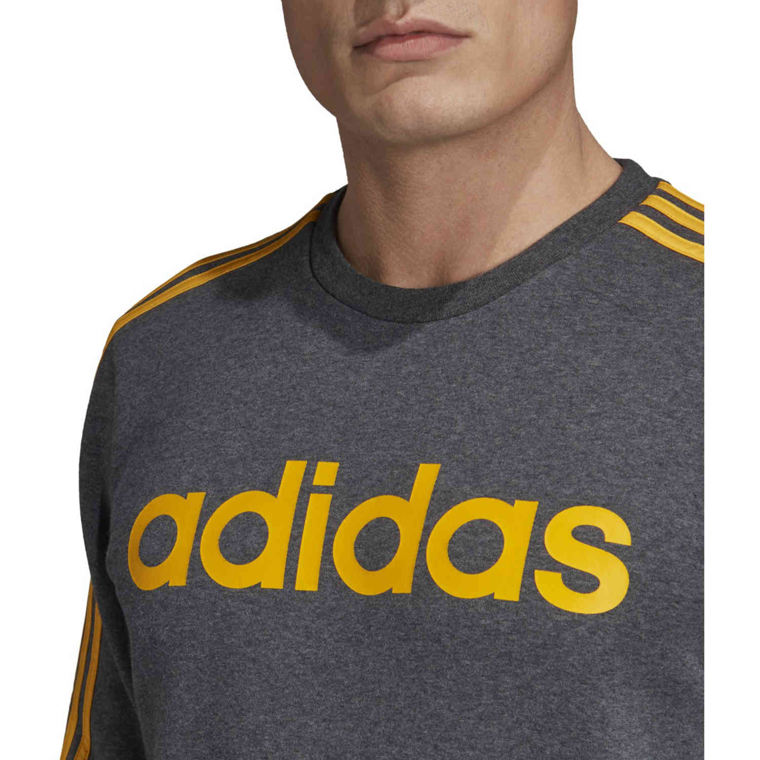 domesticar Anguila Litoral adidas Essentials Lifestyle 3-Stripes Fleece Crew - Dark Grey  Heather/Active Gold - Soccer Master