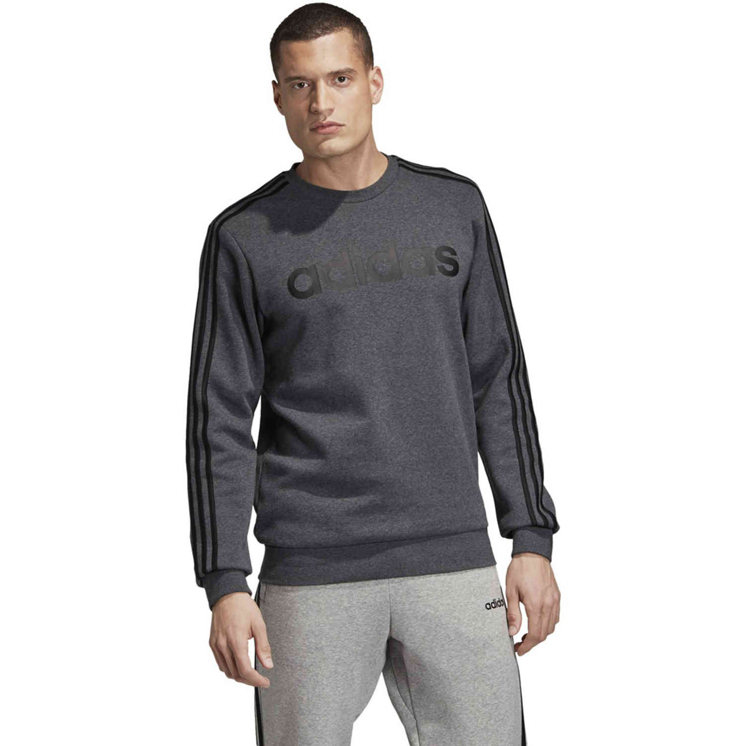 - Essentials Heather Crew Soccer Lifestyle 3-Stripes Grey Master - Fleece Dark adidas